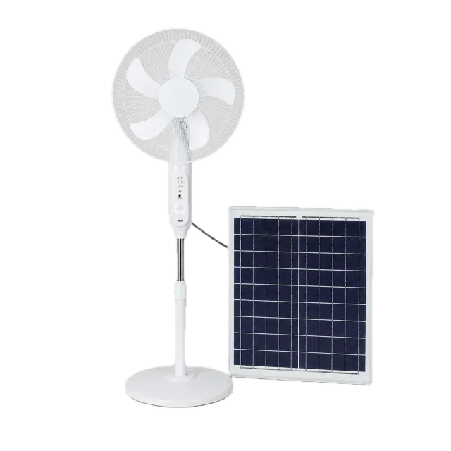 Illustration of the white 198F standing fan beside a solar panel
