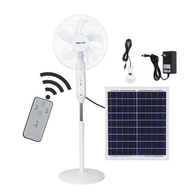 Model 198F 16-inch solar floor fan with solar panel, remote control, two LED bulbs and DC charger