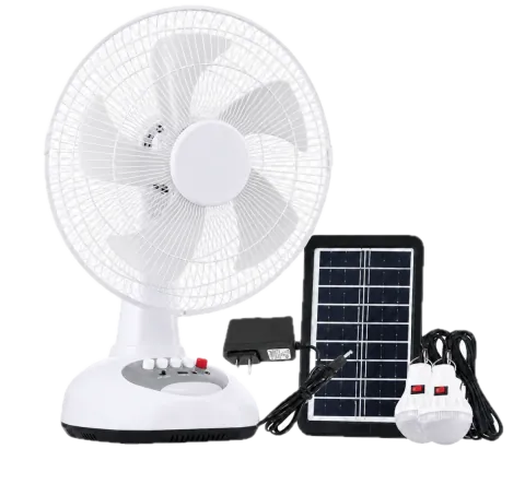 Illustrative transparent white and grey T02 product set with desk fan, solar panel, DC charger and two LED bulbs